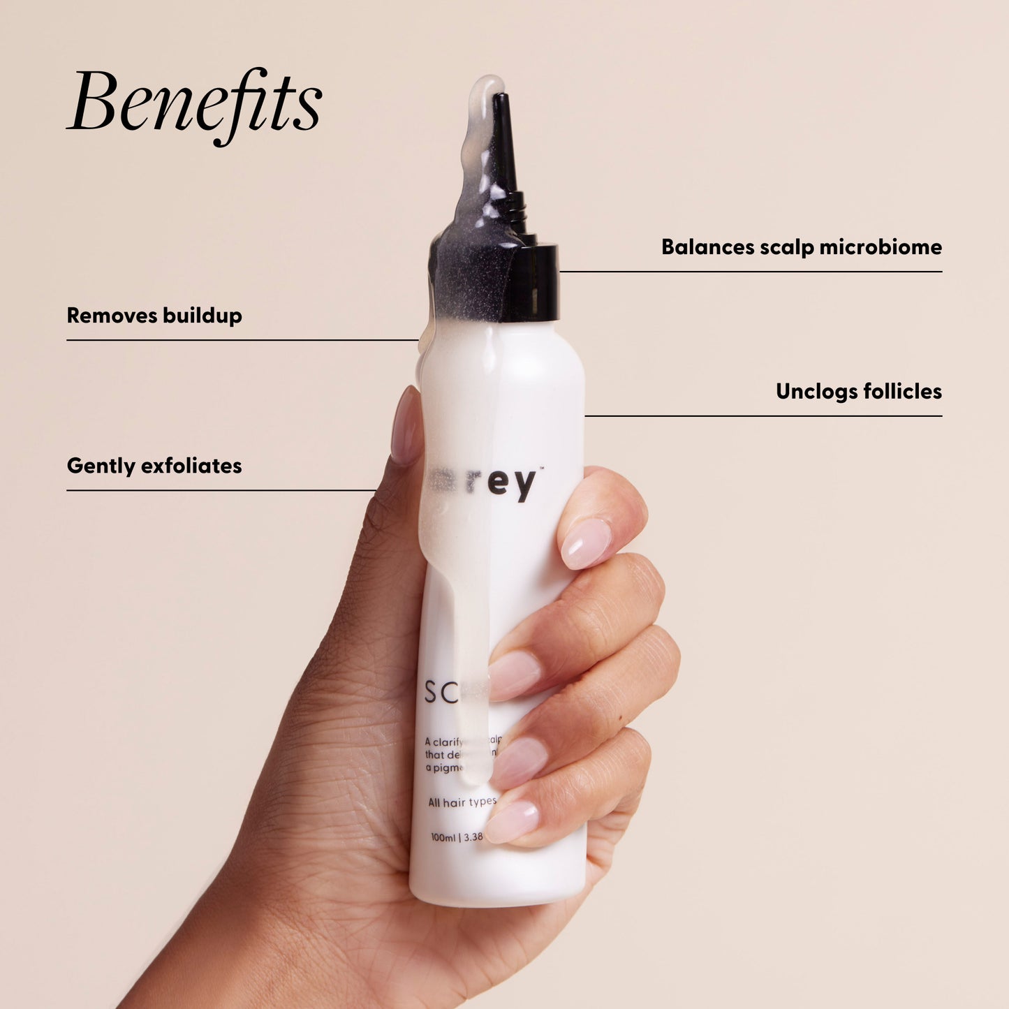 Scrub's Benefits: removes buildup, balances scalp microbiome, gently exfoliates, unclogs follicles. 