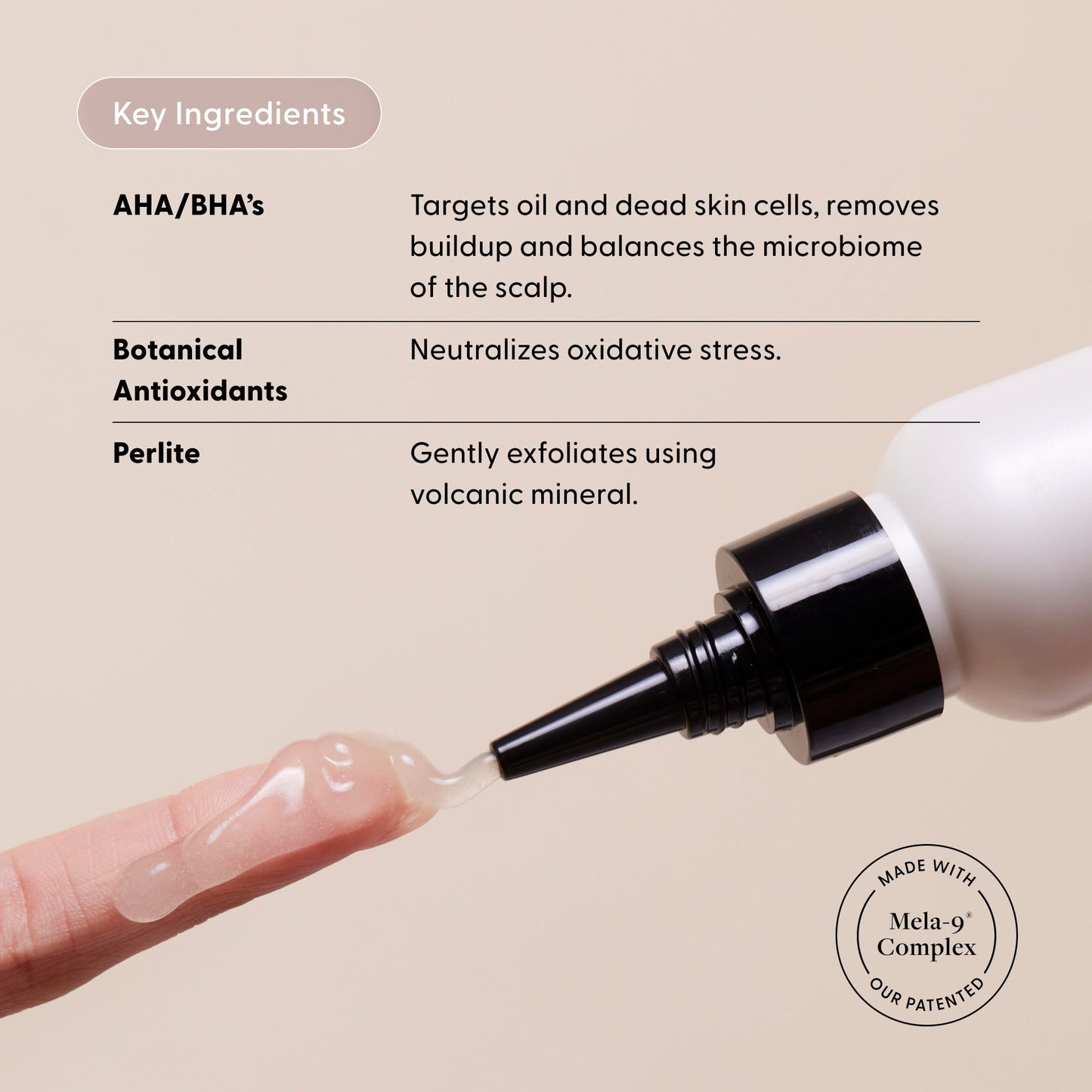 A hand dispenses Arey Scrub Scalp Exfoliant—a clear gel—from a squeeze bottle onto a finger. On-screen text highlights its key ingredients: AHAs/BHAs (including salicylic acid), a pigment-preserving peptide, botanical antioxidants, and perlite, all supporting scalp health. The Mela-9 Complex badge is also shown.
