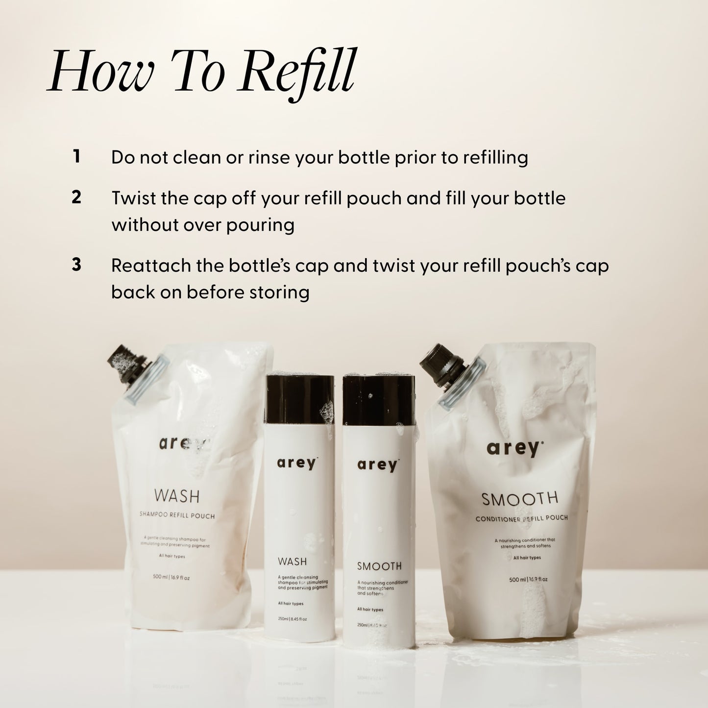 How To Refill instructions for Arey Shower Duo products, showing Wash Shampoo Refill Pouch, Wash bottle, Smooth bottle, and Smooth Conditioner Refill Pouch. Text reads: How To Refill — 1. Do not clean or rinse your bottle prior to refilling. 2. Twist the cap off your refill pouch and fill your bottle without over pouring. 3. Reattach the bottle's cap and twist your refill pouch's cap back on before storing.