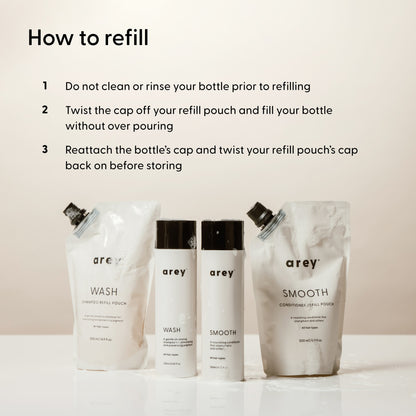 Four bottles and pouches of Arey’s The Shower Duo Refill are displayed on a surface. Above them, the text explains how to refill your Wash Shampoo and Smooth Conditioner bottles using the refill pouches—reminding you not to rinse first, pour carefully, and recap—for effortless in-shower care with Arey.
