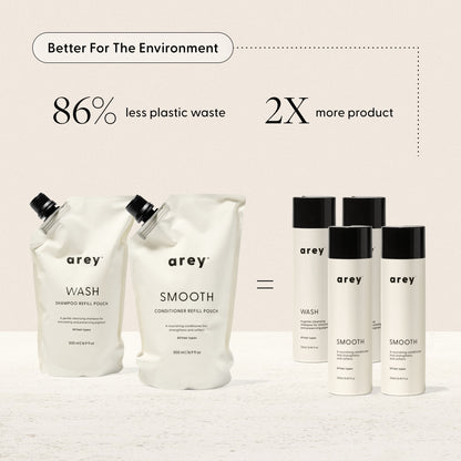 Introducing The Shower Duo Refill by Arey: two refill pouches (WASH Shampoo and SMOOTH Conditioner) provide the same amount of product as four Arey bottles. Enjoy 2x more in-shower care with 86% less plastic waste—better for the environment.