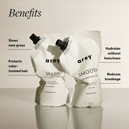 Arey Wash Shampoo Refill Pouch (500ml / 16.9 fl oz) and Smooth Conditioner Refill Pouch (500ml / 16.9 fl oz) with benefits labeled. Text reads: Benefits — Slows new greys. Protects color-treated hair. Hydrates without heaviness. Reduces breakage.