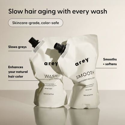 Two white refill pouches labeled Arey WASH and Arey SMOOTH stand upright, representing The Shower Duo Refill by Arey—the perfect pair of Wash Shampoo and Smooth Conditioner for in-shower care. Text around them highlights benefits: slows greys, enhances natural color, smooths, and softens. Header reads: Slow hair aging with every wash.