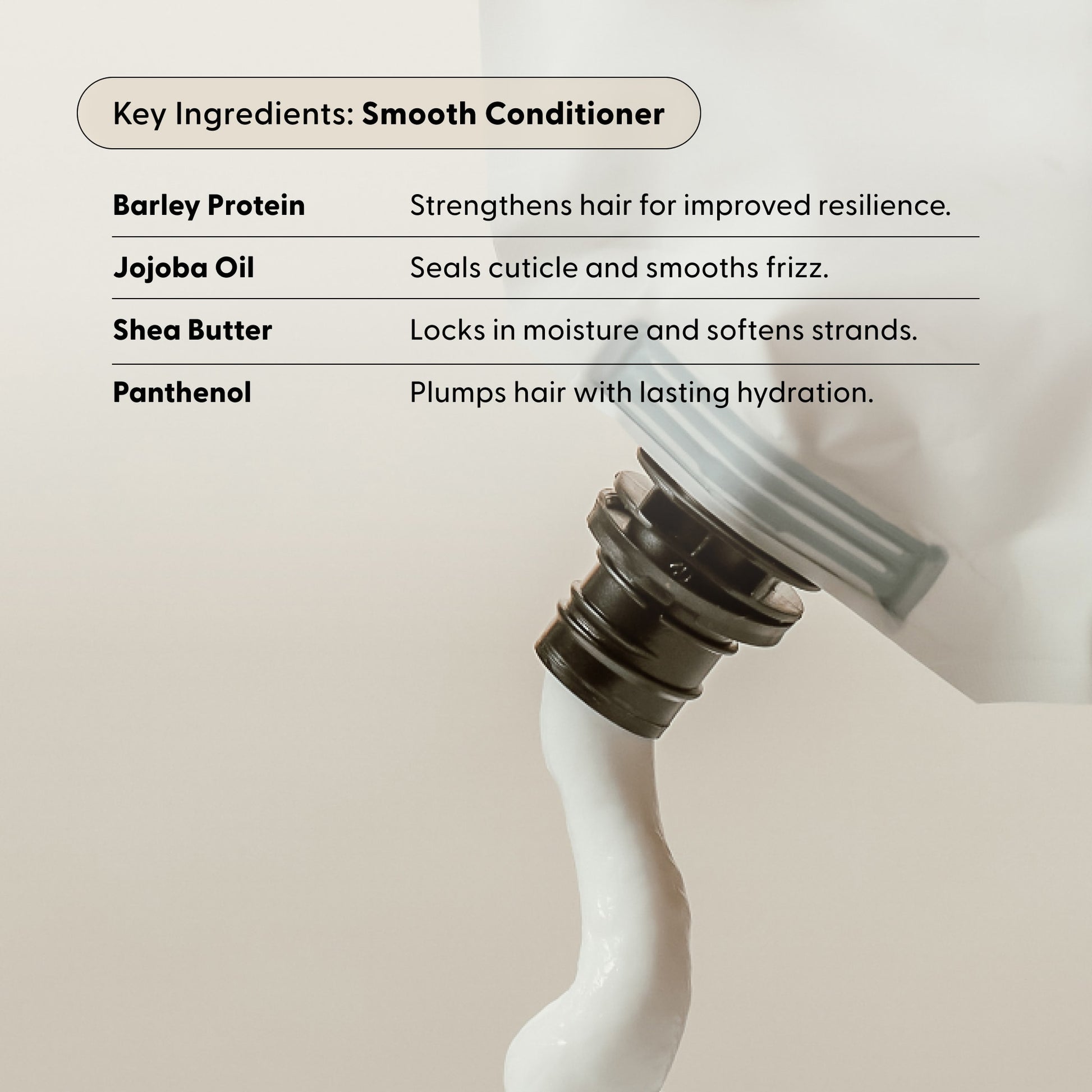 A close-up of Arey’s The Shower Duo Refill being squeezed from a tube, with text highlighting key ingredients—barley protein, jojoba oil, shea butter, and panthenol—each described for their hair benefits as part of essential in-shower care.
