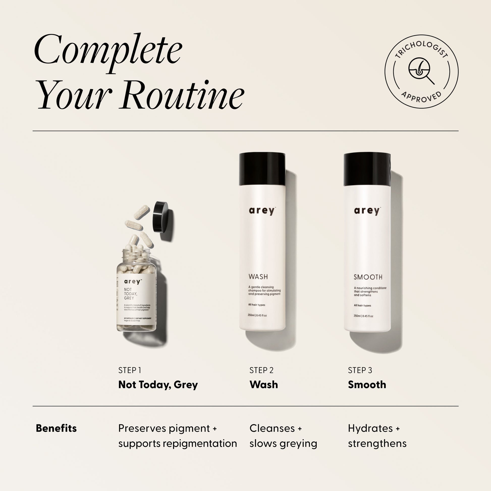 Complete your routine: Step 1 Not Today, Grey; Step 2 Wash; Step 3 Smooth—preserves pigment, cleanses and slows greying, hydrates and strengthens.