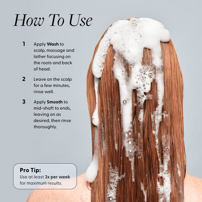 How to use: apply Wash to scalp, lather and leave a few minutes, rinse; apply Smooth mid-shaft to ends and rinse; use at least 3× per week.