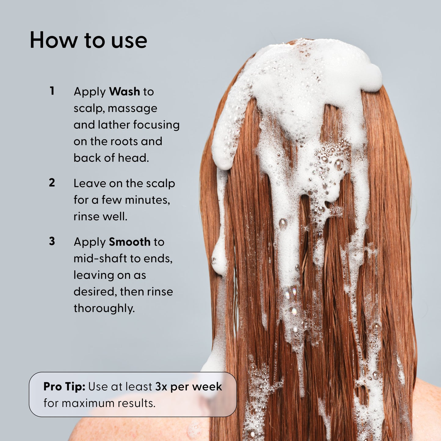A person with long, wet hair is shown from the back with The Shower Duo by Arey lathered on their head. Text instructions explain how to apply and rinse this in-shower hair care set for best results, ensuring your routine with Arey effectively cleanses and restores for healthier hair.