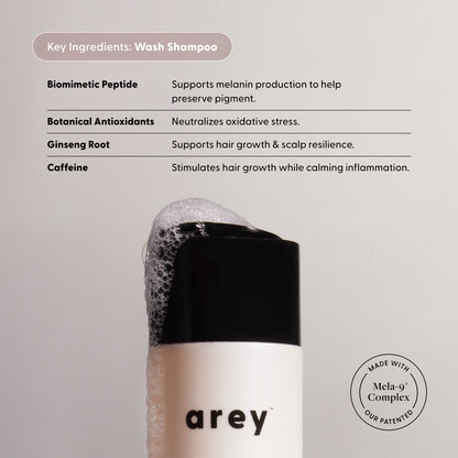 Wash Shampoo key ingredients: biomimetic peptide, botanical antioxidants, ginseng, caffeine—helps preserve pigment; made with Mela-9®.
