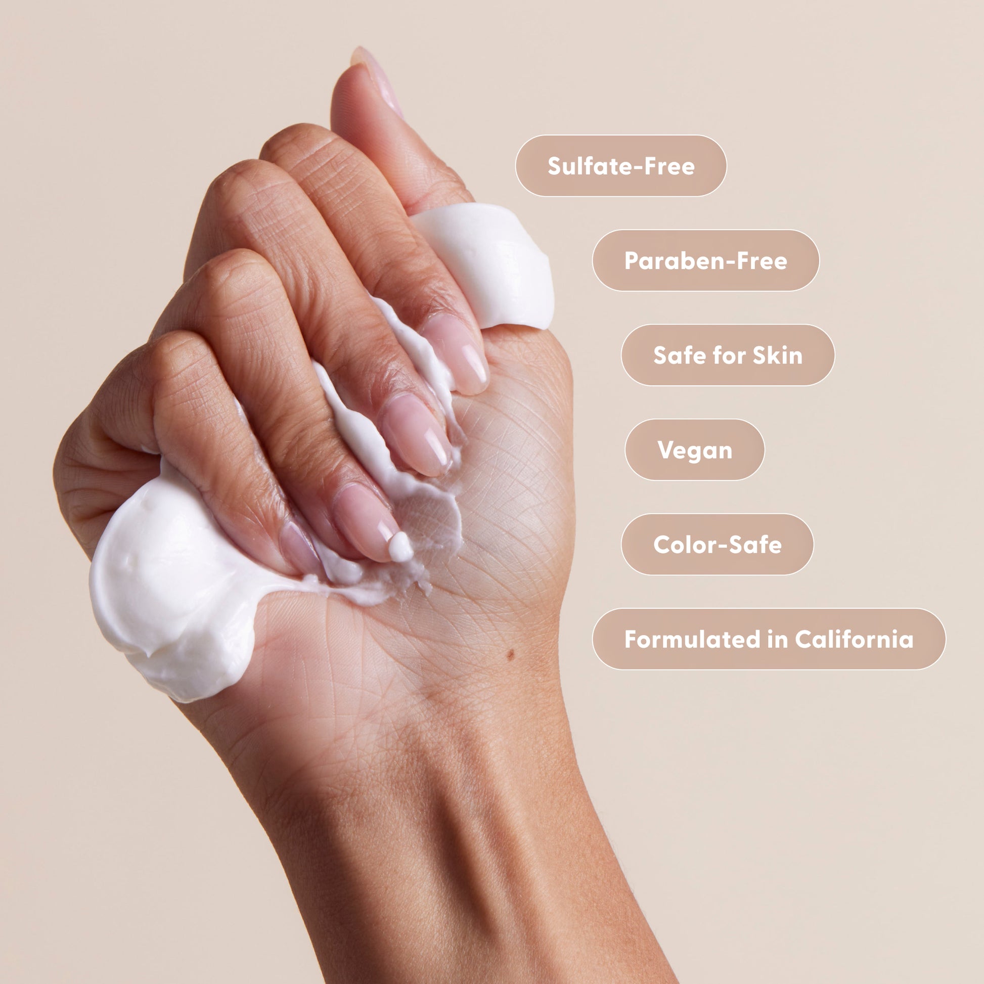 Clean formula callouts: sulfate-free, paraben-free, safe for skin, vegan, color-safe, formulated in California.