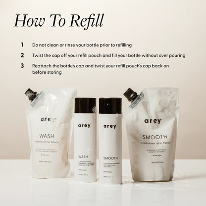 Instructions on how to refill arey hair care products with packaging displayed.