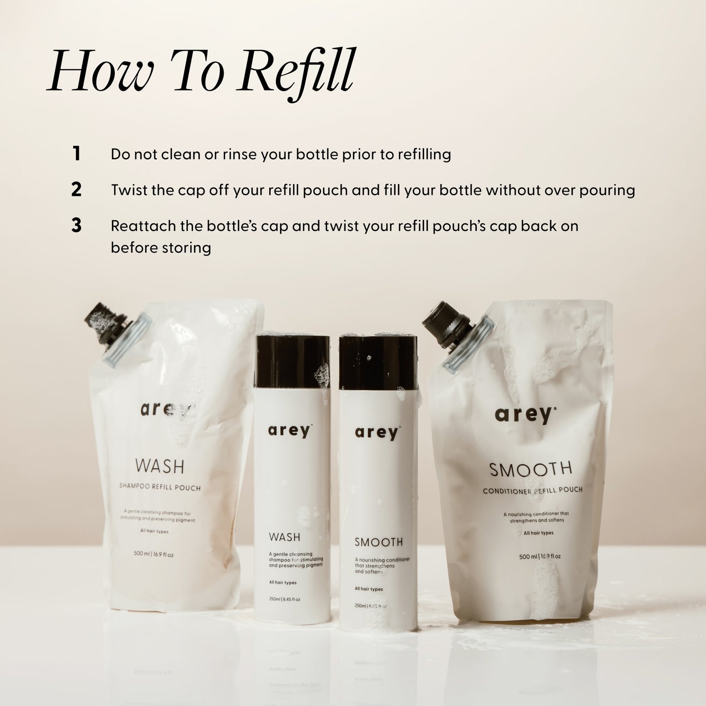 Instructions on how to refill arey hair care products with packaging displayed.