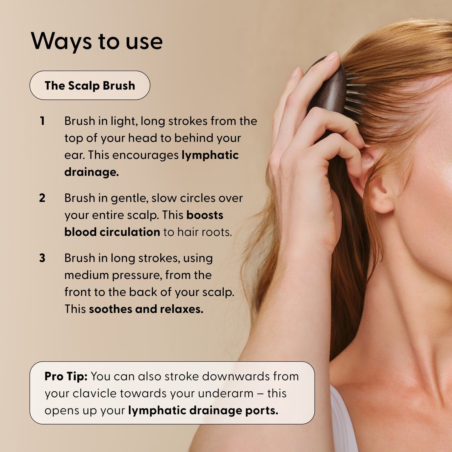 A woman uses The Sleep Ritual Set by Arey on her scalp, with overlaid instructions on scalp brushing techniques and a pro tip for lymphatic drainage to promote hair wellness.