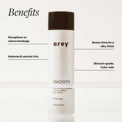 Arey Smooth conditioner bottle with benefits listed on a white background