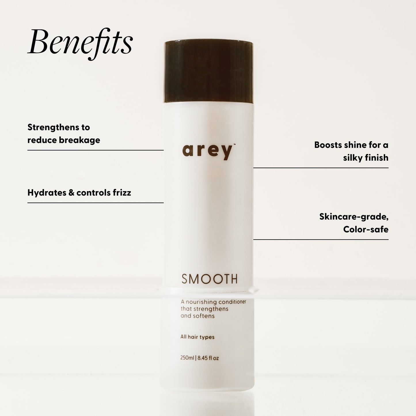 Arey Smooth conditioner bottle with benefits listed on a white background