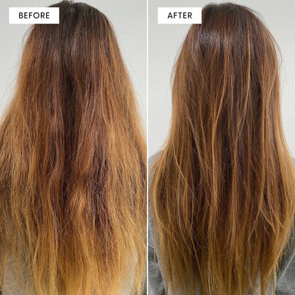 Before and after comparison of long, wavy hair with a neutral background