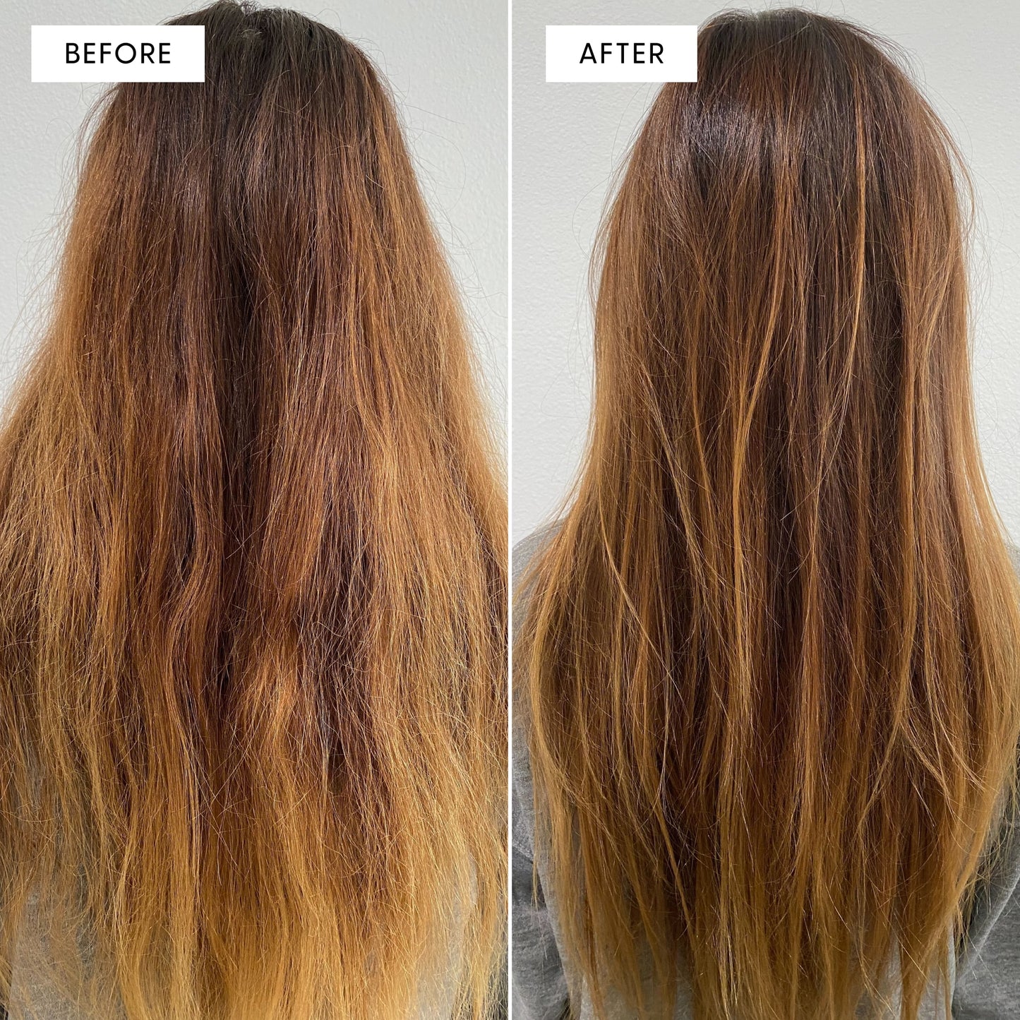Before and after comparison of long, wavy hair with a neutral background