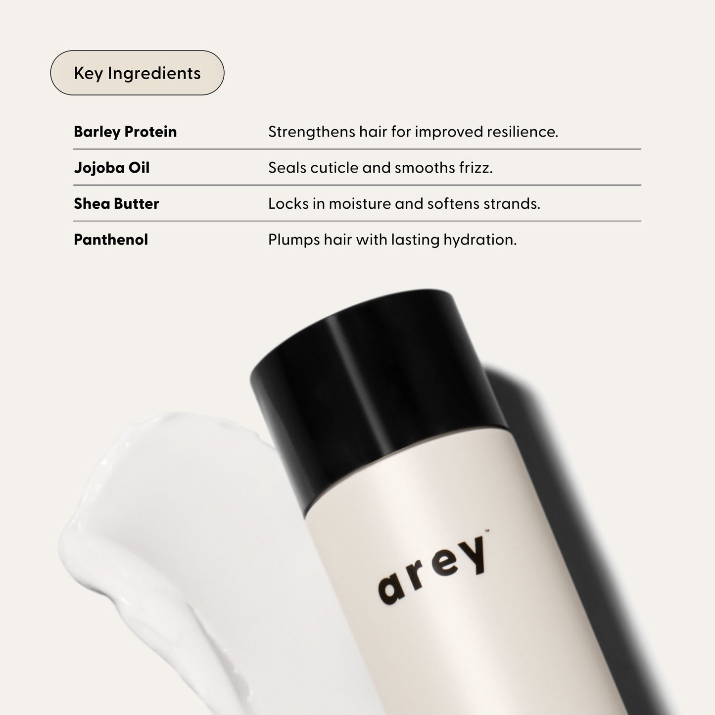 Hair care product with key ingredients listed on a white background