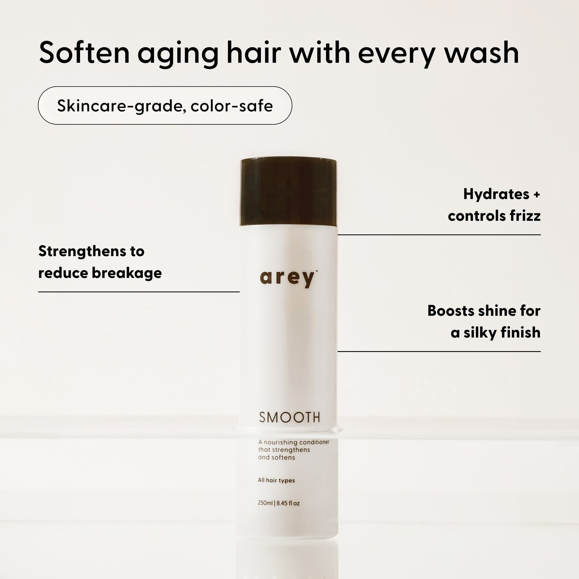 A white bottle of Arey Smooth Conditioner, topped with a black cap, is displayed against a light background. The text showcases its benefits: strengthening hair, providing hydration, controlling frizz, and enhancing shine. This nourishing Arey Smooth Conditioner offers a color-safe, skincare-grade formula created for smooth results and healthy hair.
