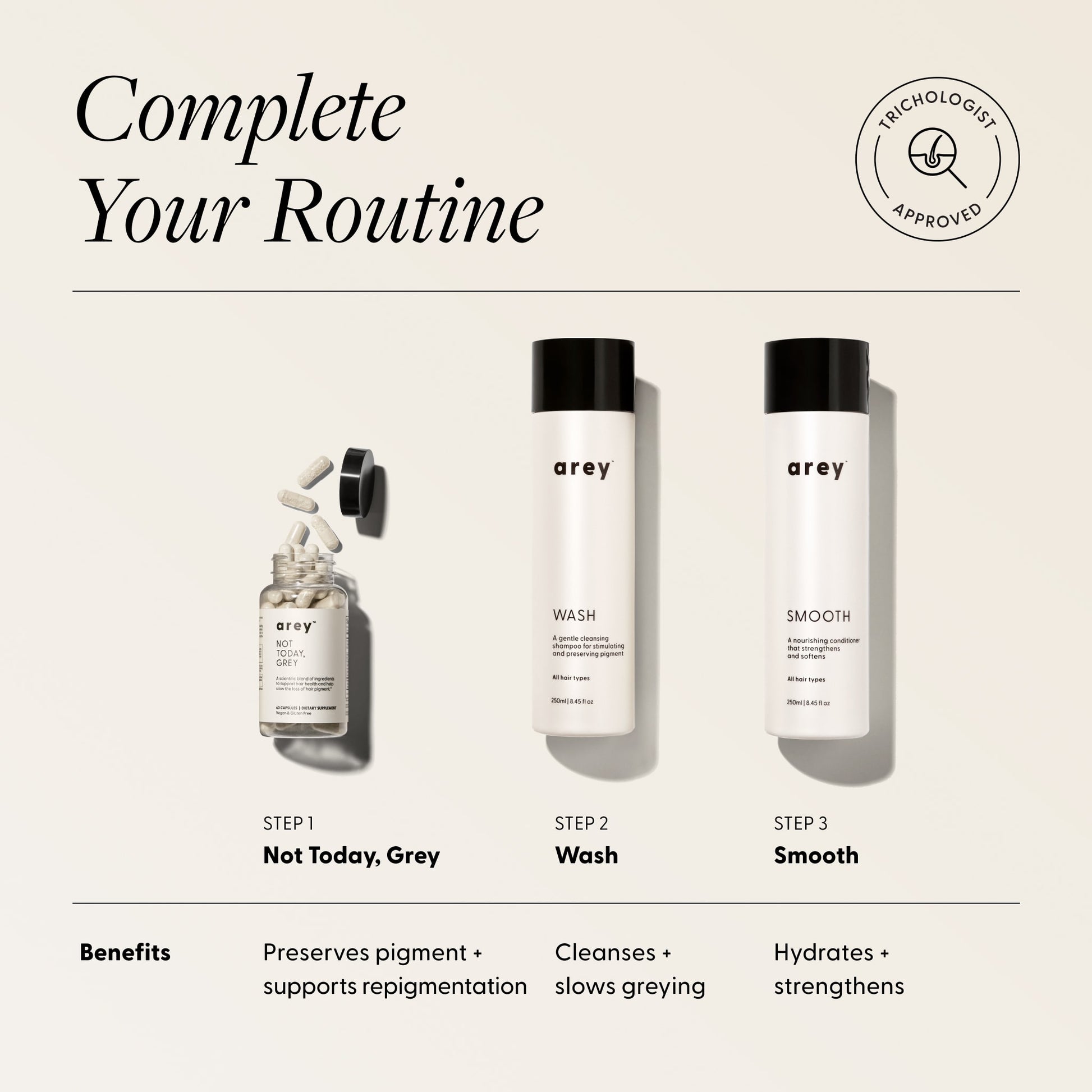 haircare product set with 'arey' branding on a beige background, featuring text about completing a routine.