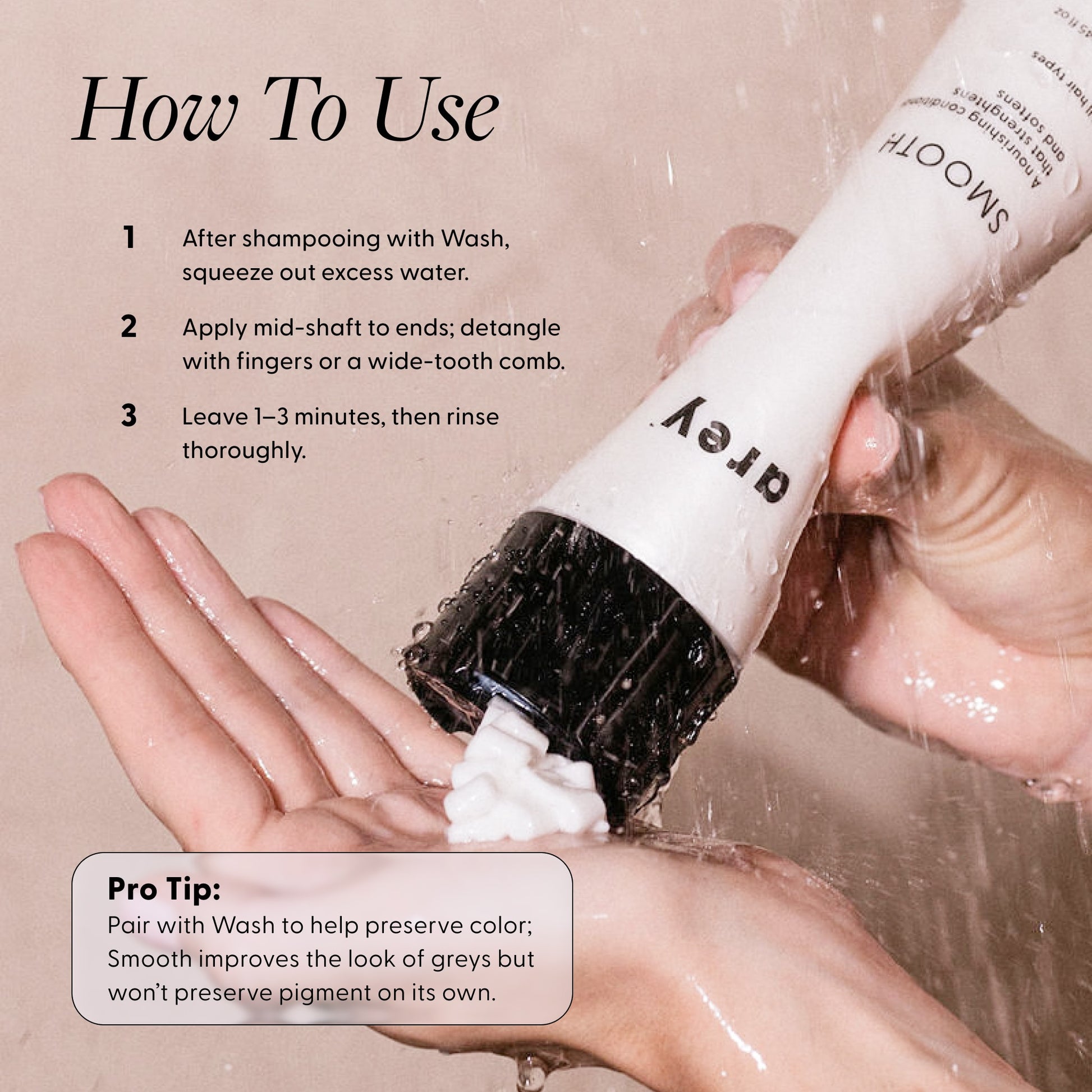 Hand using a hair care product with text on how to use it