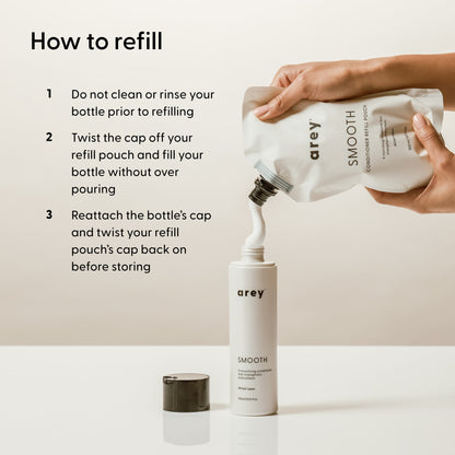 A hand pours Arey’s Smooth Conditioner Refill from a branded pouch into a matching bottle, showcasing the convenience of replenishing this nourishing conditioner. Refill instructions are printed next to the products on a beige background, underscoring an easy, effortless approach to hair repair.