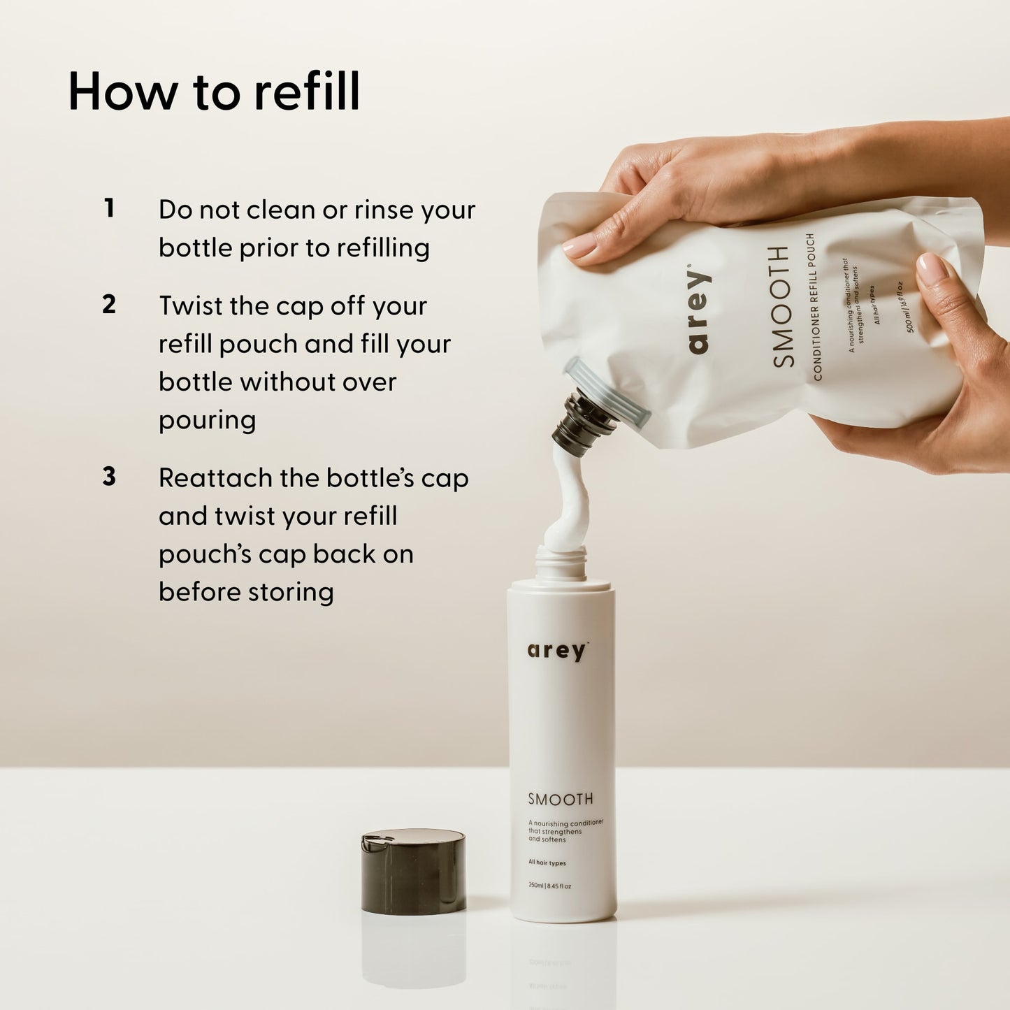 A hand pours Arey’s Smooth Conditioner Refill from a branded pouch into a matching bottle, showcasing the convenience of replenishing this nourishing conditioner. Refill instructions are printed next to the products on a beige background, underscoring an easy, effortless approach to hair repair.