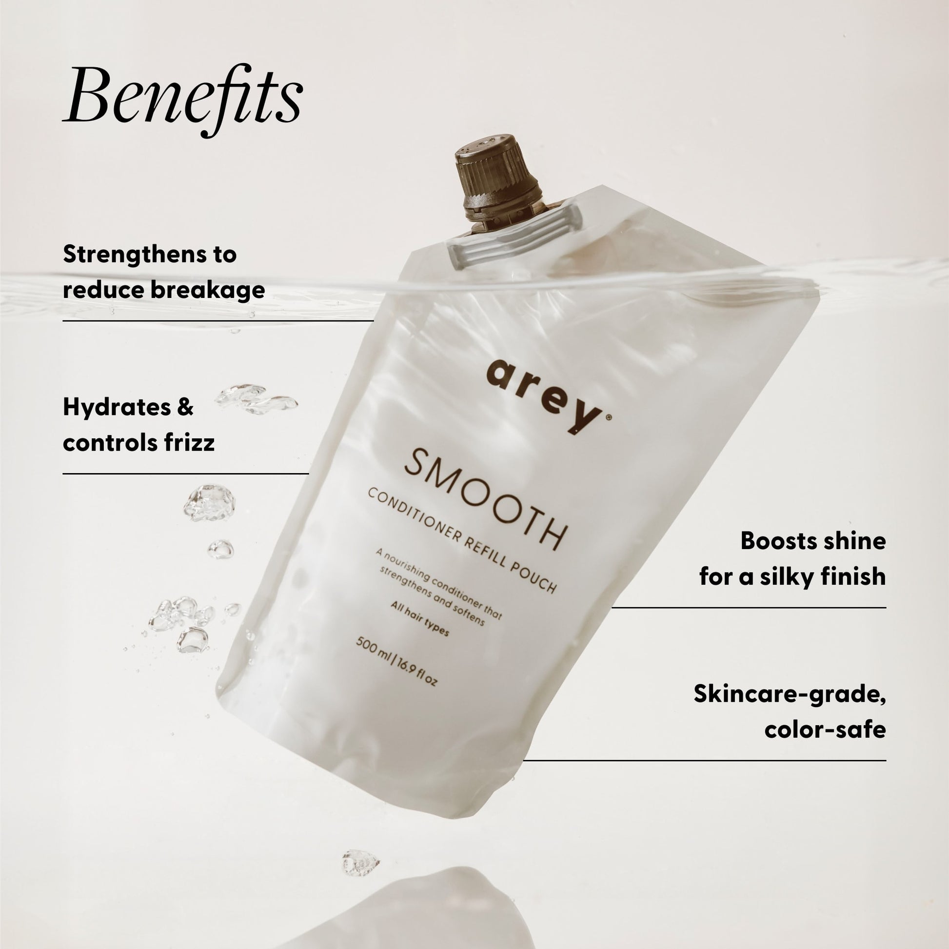 Arey Smooth Conditioner Refill Pouch (500ml / 16.9 fl oz) with benefits labeled. Text reads: Benefits — Strengthens to reduce breakage. Hydrates & controls frizz. Boosts shine for a silky finish. Skincare-grade, color-safe.