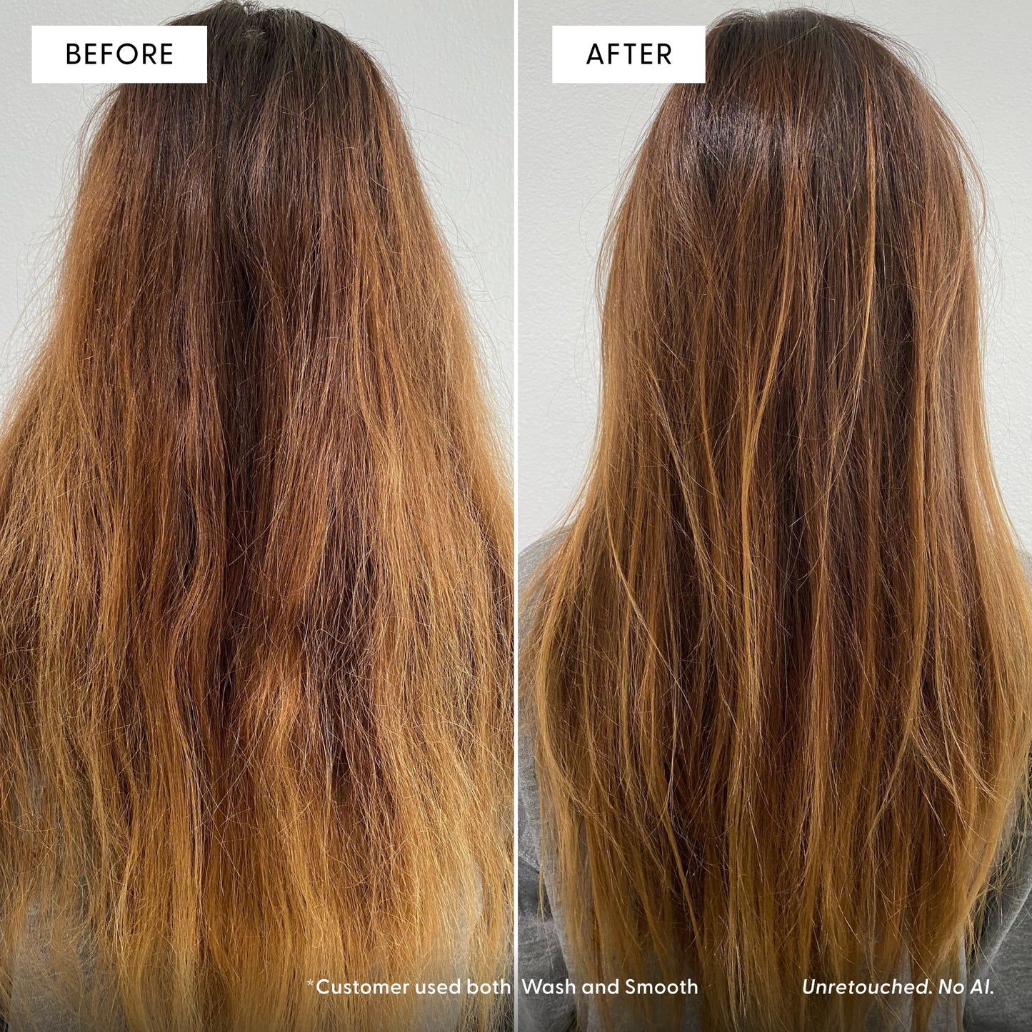 Side-by-side comparison of long brown hair, showing frizzy, dull hair labeled Before on the left, and smooth, shiny hair labeled After on the right. Text notes customer used both Wash and Arey Smooth Conditioner Refill for visible hair repair.