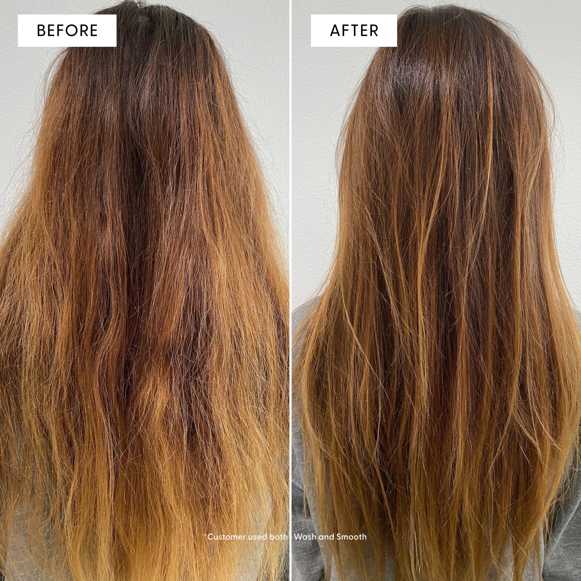 Before and after photo of a woman's long hair showing transformation using Arey Wash and Smooth. Left (BEFORE): hair appears frizzy with flyaways. Right (AFTER): hair looks smoother, shinier, and more polished. Footnote: Customer used both Wash and Smooth.