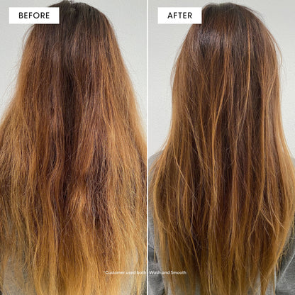 Before and after photo of a woman's long hair showing transformation using Arey Wash and Smooth. Left (BEFORE): hair appears frizzy with flyaways. Right (AFTER): hair looks smoother, shinier, and more polished. Footnote: Customer used both Wash and Smooth.