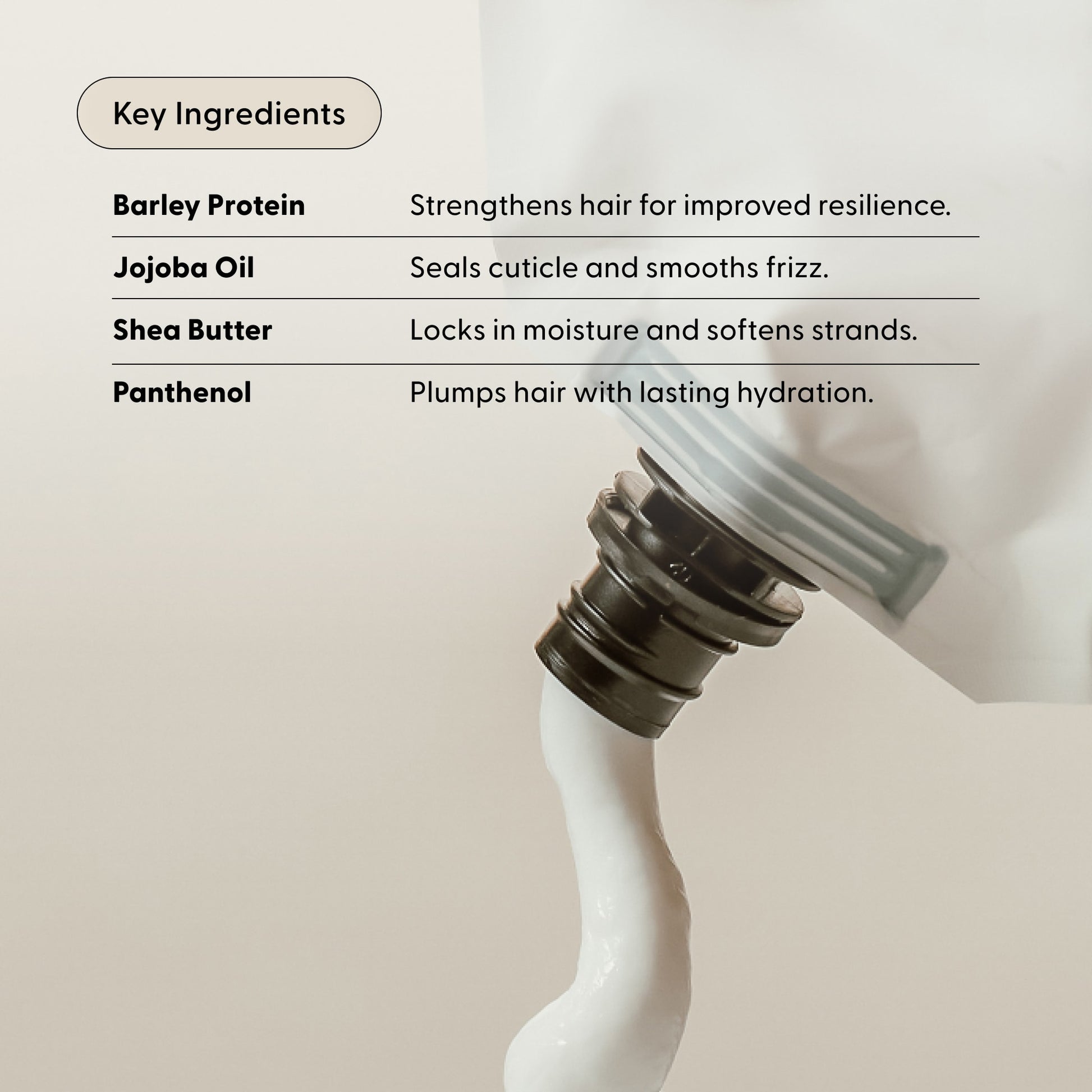 A close-up of Arey’s Smooth Conditioner Refill being squeezed from a bottle, set against a beige background, with key ingredients—barley protein for strengthening, jojoba oil for hydration, shea butter for softness, and panthenol for conditioning—highlighted alongside their benefits. This nourishing formula is specially designed to effectively repair and revitalize hair.