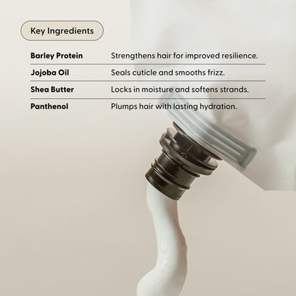 A close-up of Arey’s Smooth Conditioner Refill being squeezed from a bottle, set against a beige background, with key ingredients—barley protein for strengthening, jojoba oil for hydration, shea butter for softness, and panthenol for conditioning—highlighted alongside their benefits. This nourishing formula is specially designed to effectively repair and revitalize hair.