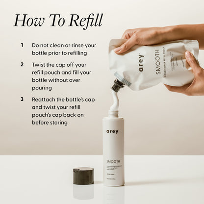 Step-by-step refill instructions with hands pouring Arey Smooth Conditioner Refill Pouch into a bottle. Text reads: How To Refill — 1. Do not clean or rinse your bottle prior to refilling. 2. Twist the cap off your refill pouch and fill your bottle without over pouring. 3. Reattach the bottle's cap and twist your refill pouch's cap back on before storing.