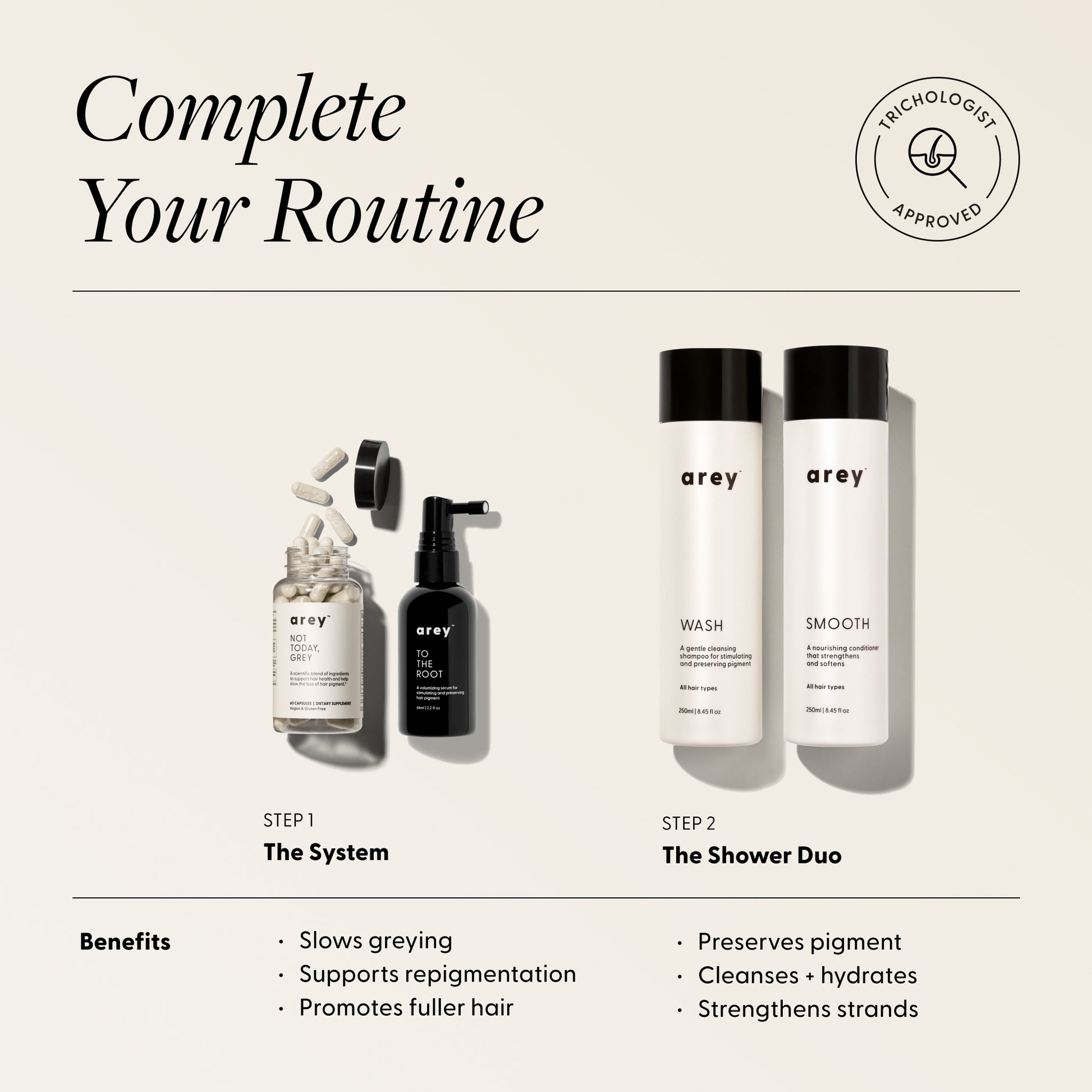 Complete your routine: Step 1 The System; Step 2 The Shower Duo (Wash & Smooth); benefits include slowing greying and preserving pigment.
