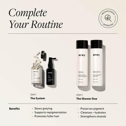 Complete your routine: Step 1 The System; Step 2 The Shower Duo (Wash & Smooth); benefits include slowing greying and preserving pigment.