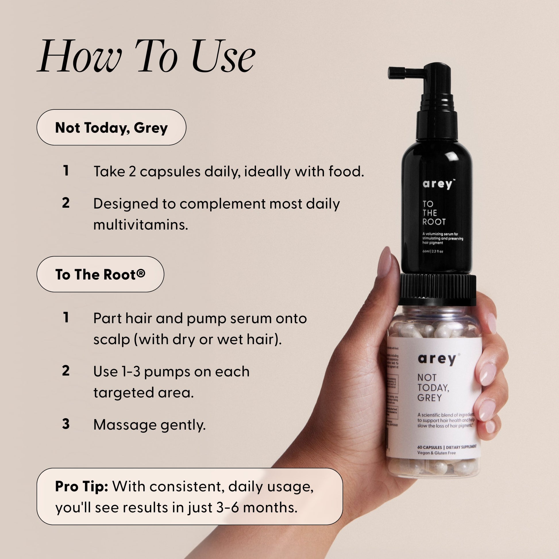 How to use graphic for Arey Not Today, Grey and To The Root products, with a hand holding both bottles. Not Today, Grey: 1. Take 2 capsules daily, ideally with food. 2. Designed to complement most daily multivitamins. To The Root: 1. Part hair and pump serum onto scalp (with dry or wet hair). 2. Use 1–3 pumps on each targeted area. 3. Massage gently. Pro Tip: With consistent, daily usage, you'll see results in just 3–6 months.