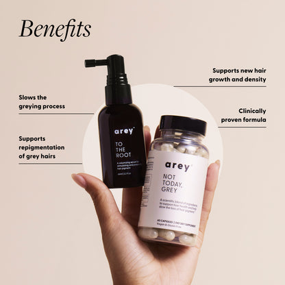 Benefits of Arey The System shown in hand: slows greying, supports repigmentation, supports new hair growth and density; clinically proven formula.
