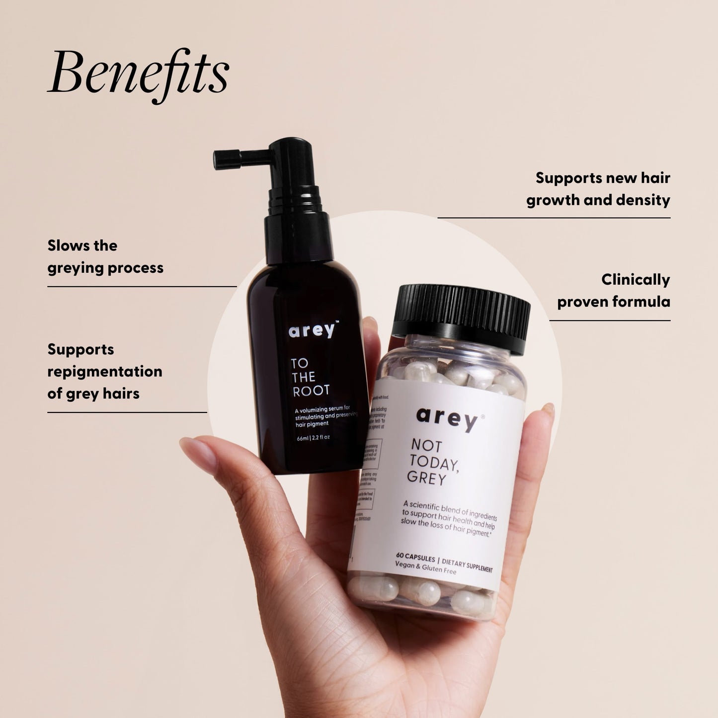 Benefits graphic for Arey The System featuring Not Today, Grey and To The Root, highlighting preserved pigment, support for repigmentation, reduced appearance of greys over time, and healthier, denser hair at the root.