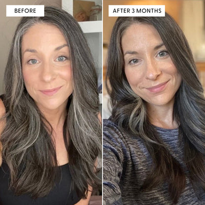 Before and after 3 months showing reduced visible greys on a woman using Arey The System.