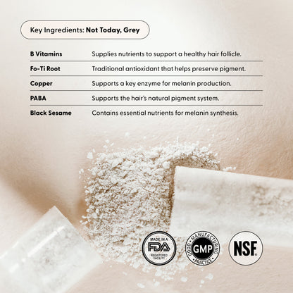 Not Today, Grey key ingredients: B vitamins which supplies nutrients to support a healthy hair follicle, Fo-Ti root which is a traditional antioidant that helps preserve pigment, copper which supports a key enzyme for melanin production, PABA supports the hair's natural pigment system, black sesame contains essential nutrients for melanin synthesis; FDA-registered, GMP, and NSF badges.