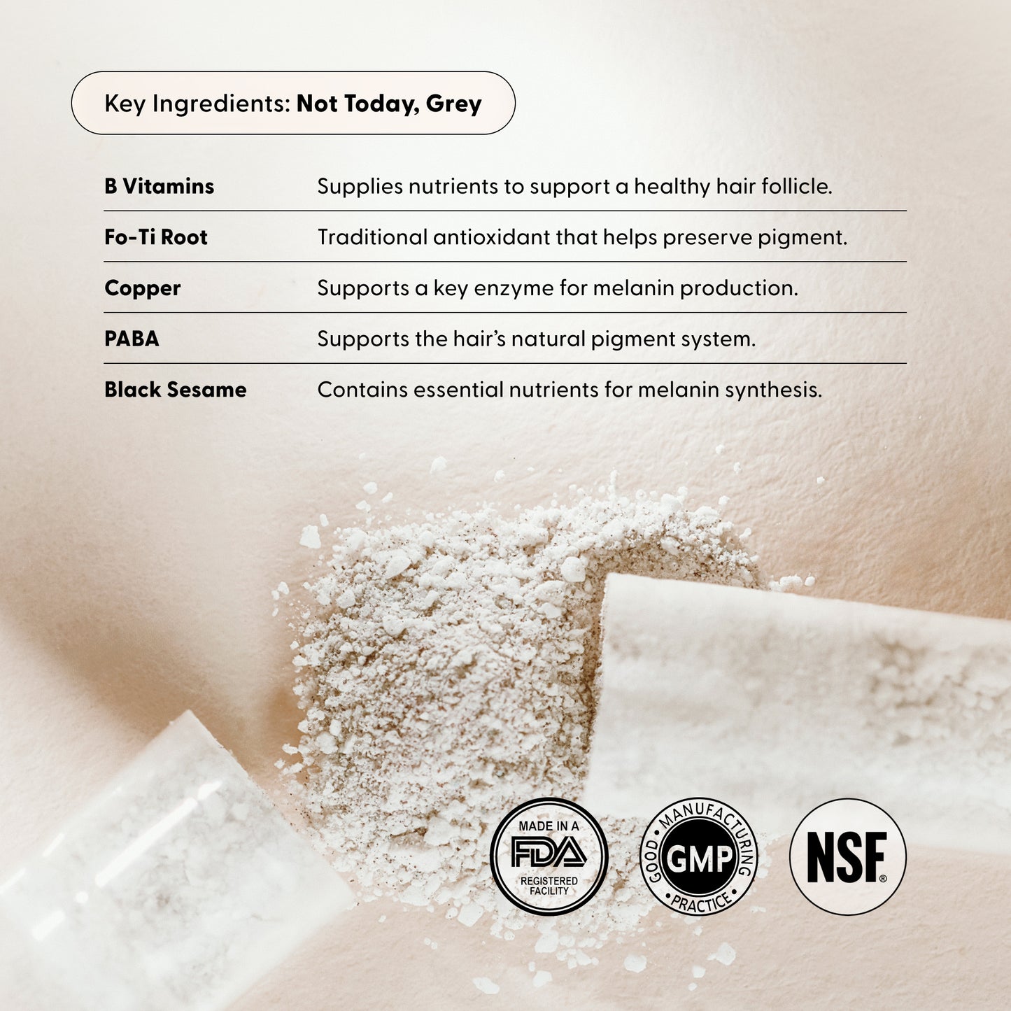 Not Today, Grey key ingredients: B vitamins which supplies nutrients to support a healthy hair follicle, Fo-Ti root which is a traditional antioidant that helps preserve pigment, copper which supports a key enzyme for melanin production, PABA supports the hair's natural pigment system, black sesame contains essential nutrients for melanin synthesis; FDA-registered, GMP, and NSF badges.