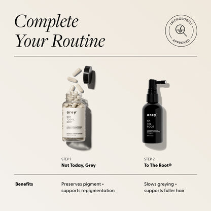 Complete your routine: Step 1 Not Today, Grey; Step 2 To The Root—preserves pigment, supports repigmentation, slows greying, promotes fuller hair.