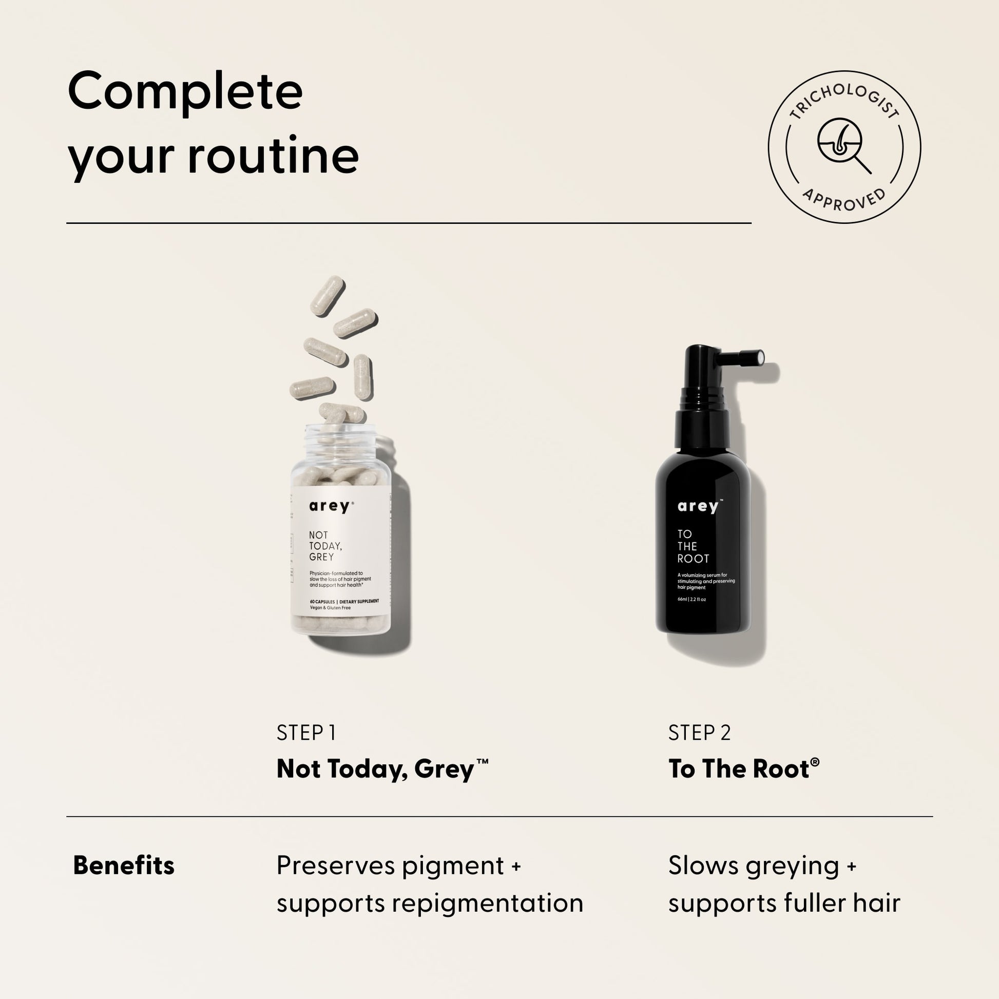 Experience two innovative hair care solutions from Arey, specially formulated for aging hair: Not Today, Grey capsules and To The Root® Scalp Serum spray. This potent combination utilizes advanced ingredients to help preserve natural pigment, repigment greys, and slow the progression of greying. Support your hair’s vibrancy with every use—a must-have scalp serum solution by Arey for those seeking lasting results.
