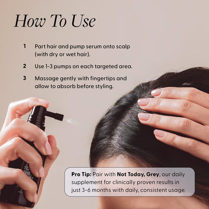 Woman applying Arey To The Root serum to her scalp with usage instructions. Text reads: How To Use - 1. Part hair and pump serum onto scalp (with dry or wet hair). 2. Use 1-3 pumps on each targeted area. 3. Massage gently with fingertips and allow to absorb before styling. Pro Tip: Pair with Not Today, Grey, our daily supplement for clinically proven results in just 3-6 months with daily, consistent usage.