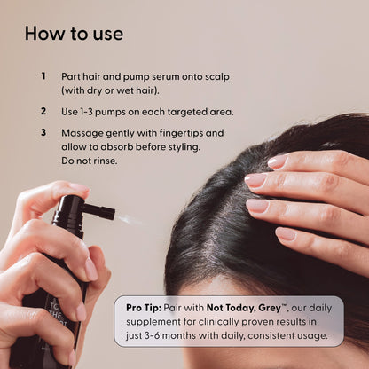 A hand applies Arey’s To The Root® Scalp Serum along a part in damp, dark hair. Instructions beside the image guide users on application and highlight a pro tip: for optimal results, use daily and consistently for 3–6 months—making it an excellent choice for those aiming to nourish aging hair and support the repigmentation of greys.