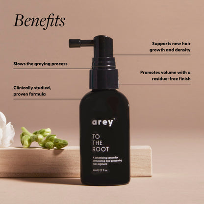 Arey To The Root serum with benefits: slows greying, supports new hair growth and density, adds volume with a residue-free finish; clinically studied.