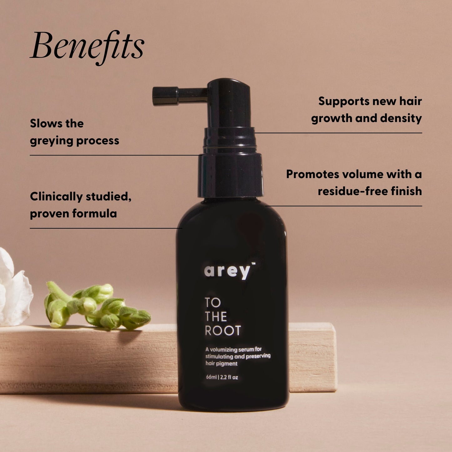 Arey To The Root serum bottle (66ml / 2.2 fl oz) with botanical ingredients and benefits labeled. Text reads: Benefits - Slows the greying process. Clinically studied, proven formula. Supports new hair growth and density. Promotes volume with a residue-free finish.