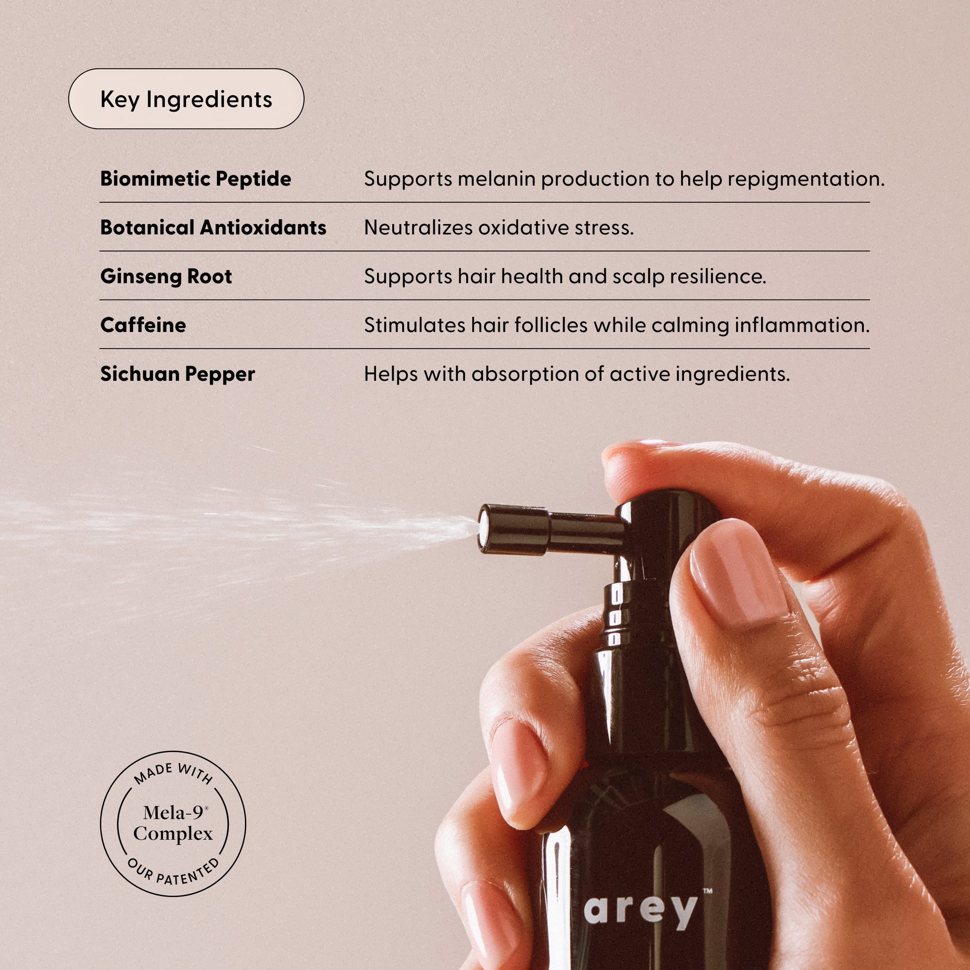 To The Root key ingredients: biomimetic peptide, botanical antioxidants, ginseng, caffeine, Sichuan pepper; made with patented Mela-9® Complex.