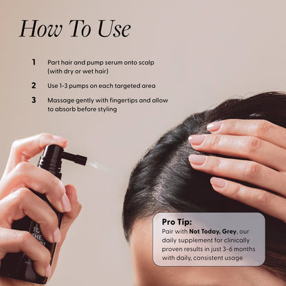 How to use To The Root: part hair, spray 1–3 pumps onto scalp, massage and let absorb; pair with Not Today, Grey for results in 3–6 months.