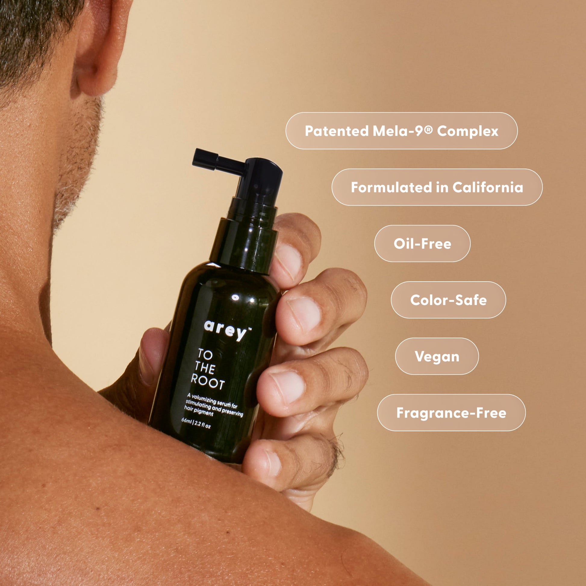 Callouts with bottle in hand: Mela-9® Complex, formulated in California, oil-free, color-safe, vegan, fragrance-free.